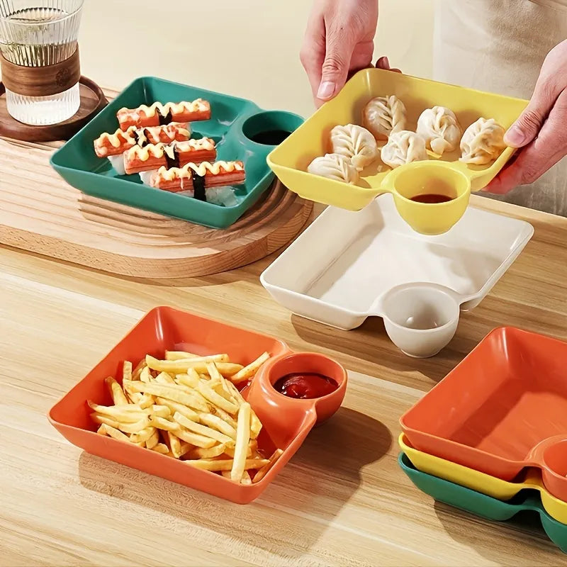 4-Piece set Colorful Serving Platter Set – Durable BPA-Free PP Plastic Snack, Sushi, Appetizer & Dessert Plates with Dipping Sauce Bowls – Ideal for Charcuterie Boards, Fruit Trays, Party Finger Foods, Holiday Gatherings & Home Dining – Dishwasher Safe